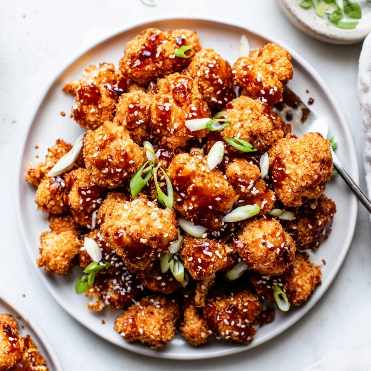 Crispy panko-crusted bites of Sticky Honey Garlic Cauliflower tossed in sweet soy glaze.