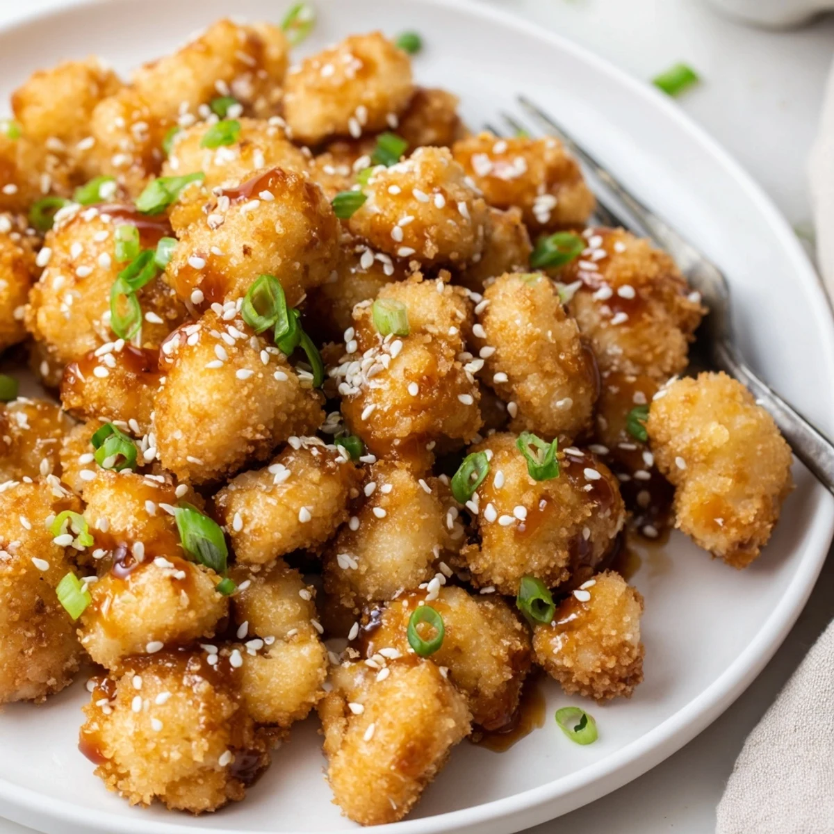 Piled on a plate, Sticky Honey Garlic Cauliflower sprinkled with sesame seeds.