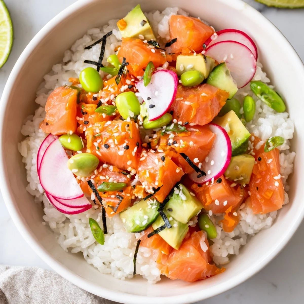 Bright Salmon And Avocado Poke Bowl layered over warm sushi rice, toasted sesame  