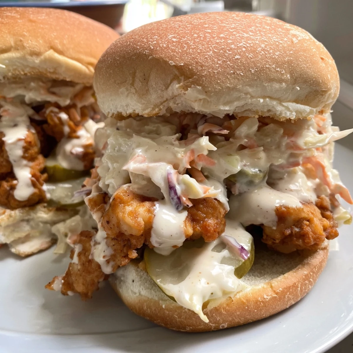 Golden grilled chicken chopped and coated in creamy Alabama white BBQ sauce piled on a toasted bun
