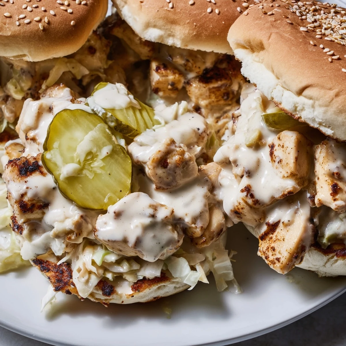 Alabama BBQ Chicken Chopped Sandwich with tangy white sauce, crunchy coleslaw, and crisp pickle slices on soft bread