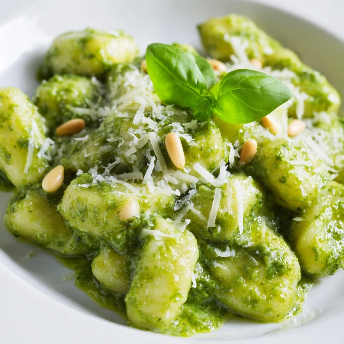 Golden potato gnocchi coated in vibrant green basil pesto sauce with Parmesan sprinkles