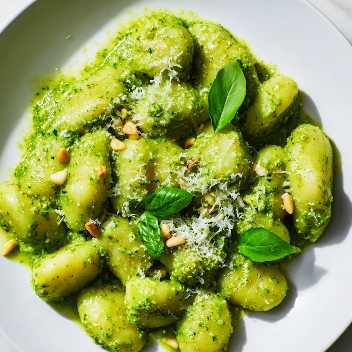 Soft Italian gnocchi tossed with fresh homemade basil pesto and toasted pine nuts