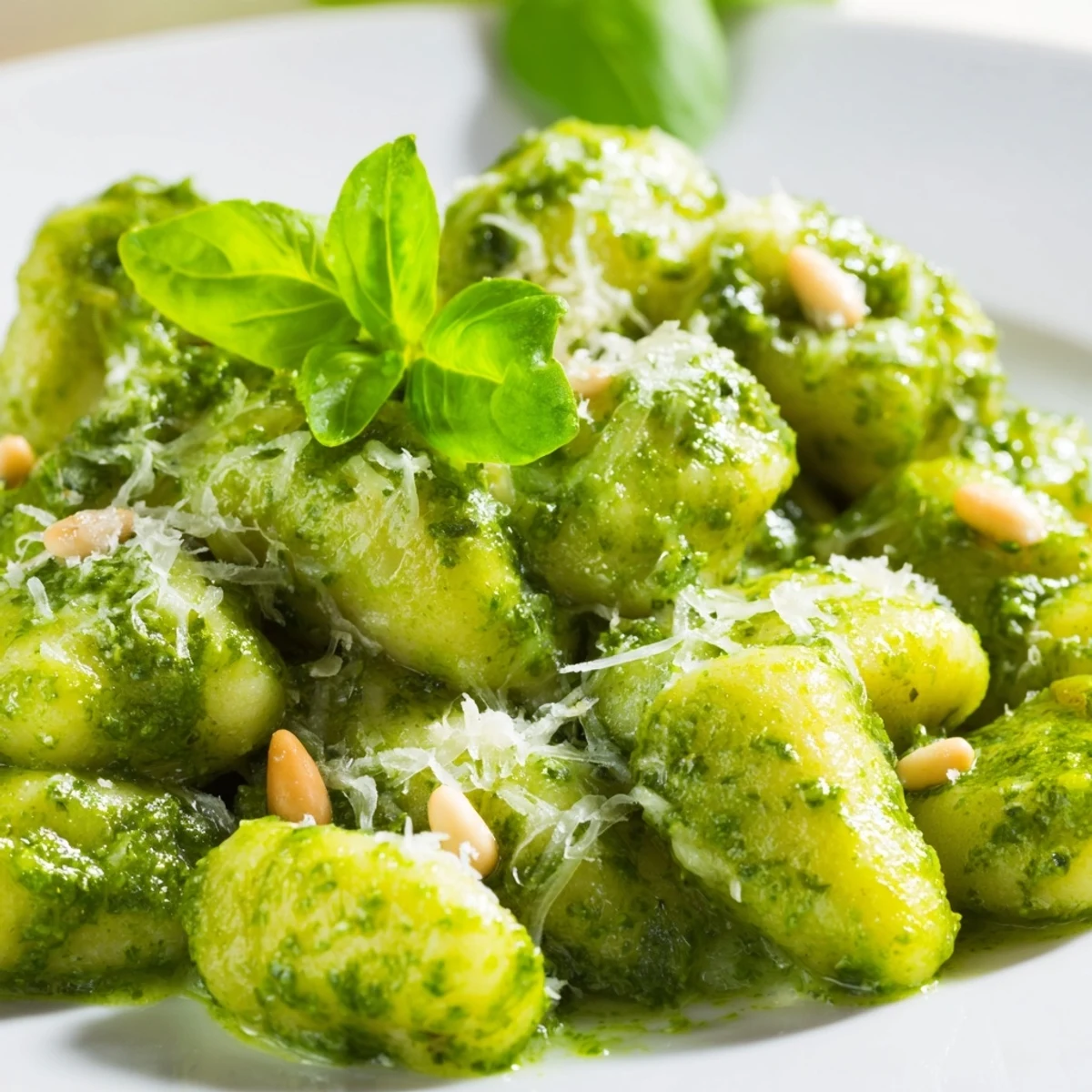 Plate of creamy pesto gnocchi garnished with extra basil and grated Parmesan cheese