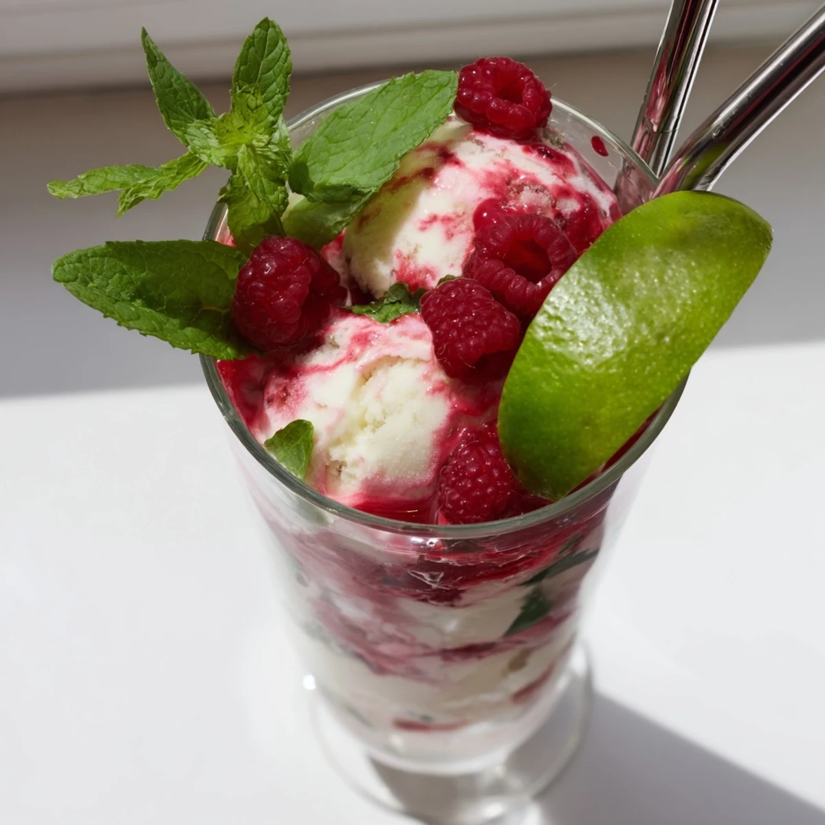 Tall glass filled with raspberry mint mojito rebel float topped with melting vanilla ice cream and fresh raspberries