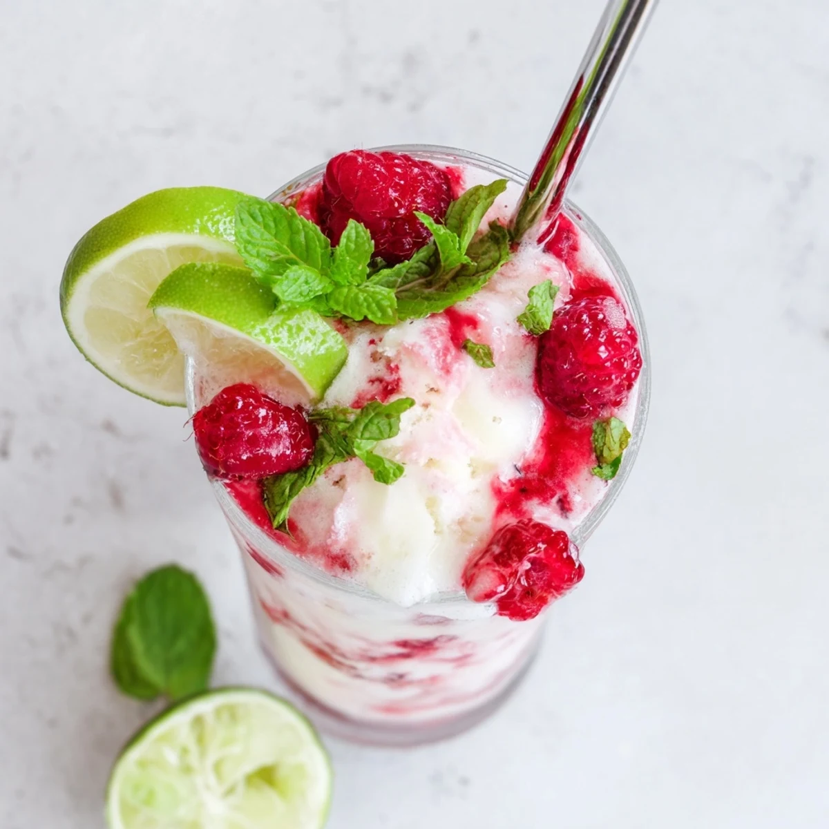 Refreshing raspberry mint mojito rebel float served in clear glasses with mint sprigs and lime wedge garnish