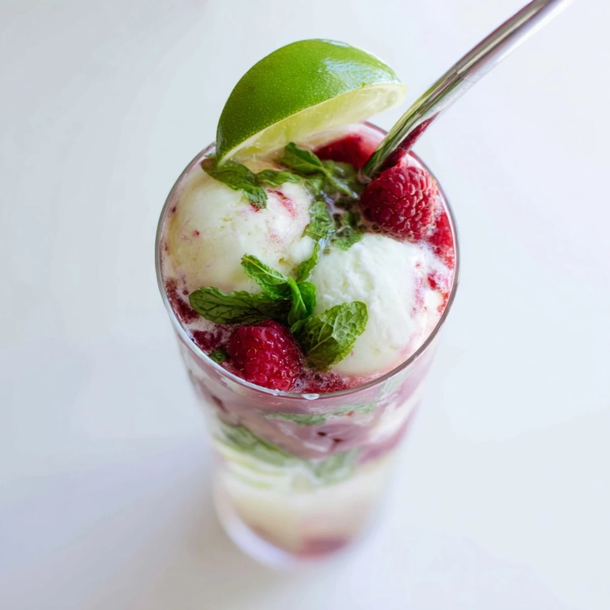 Creamy vanilla ice cream float with swirling raspberry mint mojito mixture in a tall chilled glass