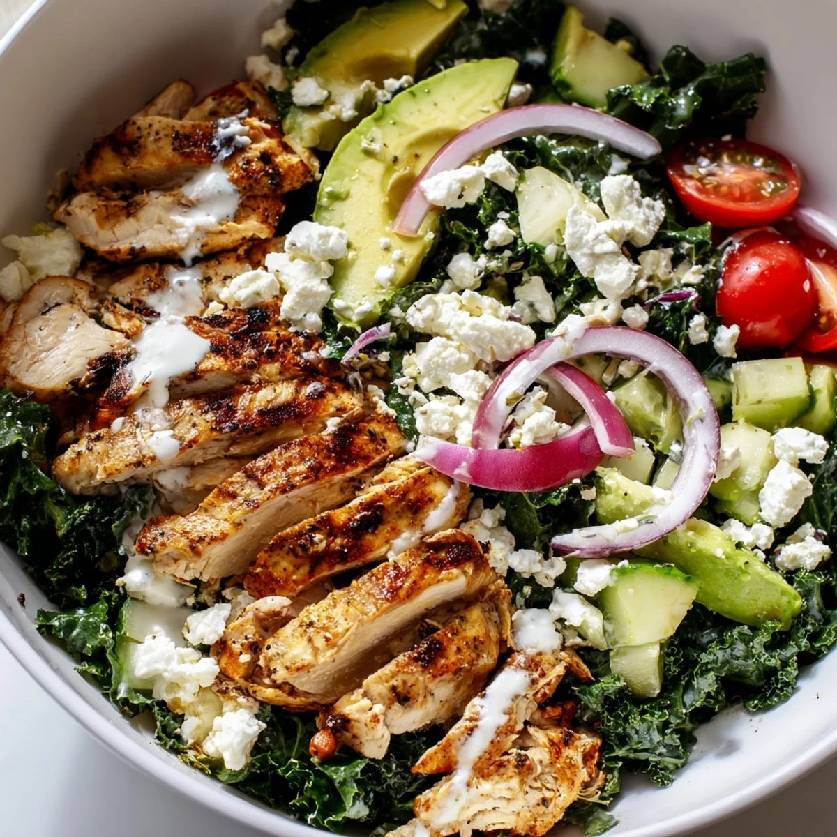 Vibrant marinated kale and chicken bowls topped with fresh vegetables and creamy zesty dressing