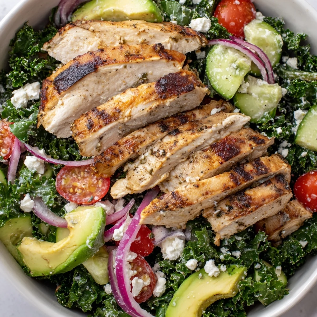 Sliced grilled chicken served over massaged kale with tomatoes cucumber avocado and feta cheese