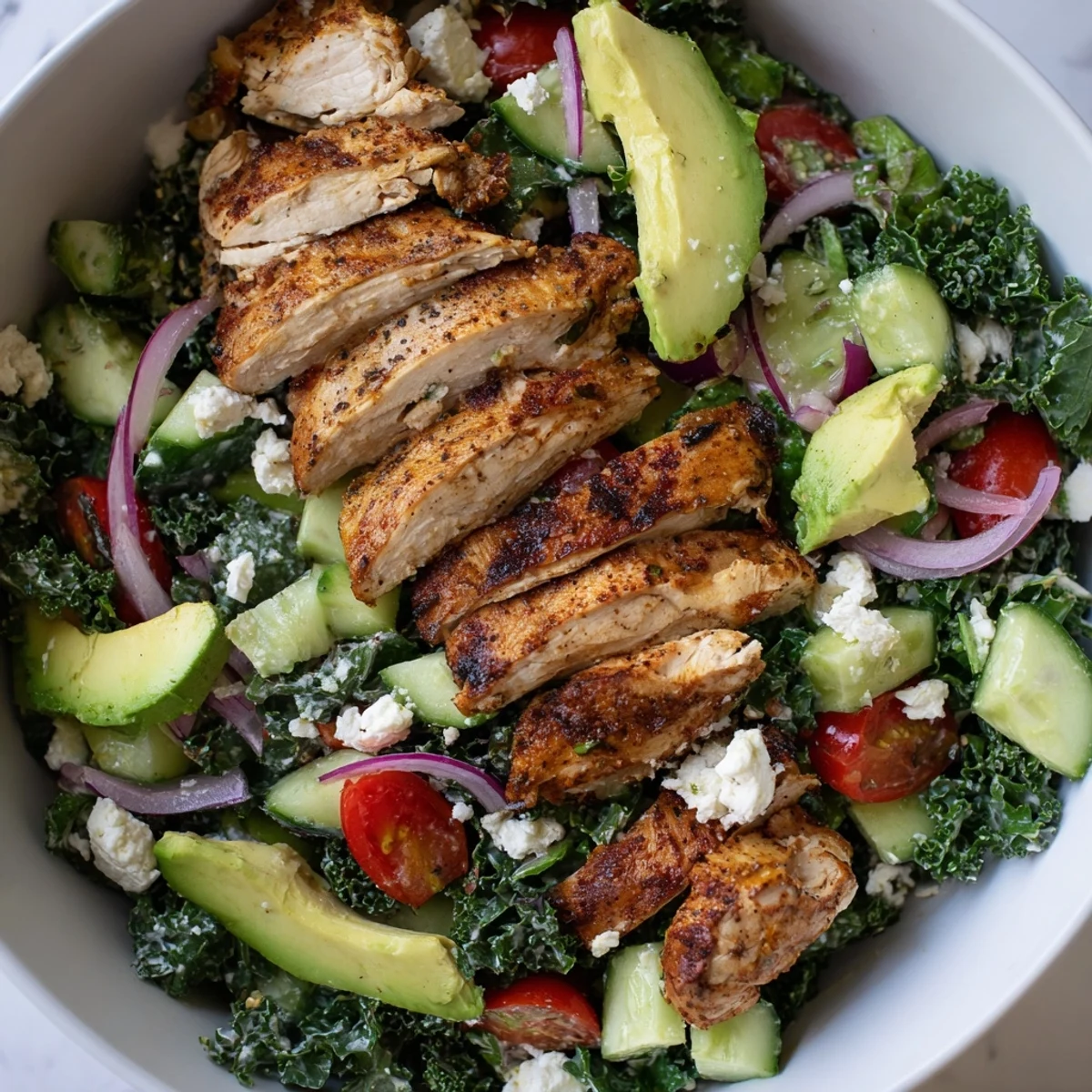 Healthy marinated kale and chicken bowl featuring colorful veggies and tangy homemade yogurt dressing