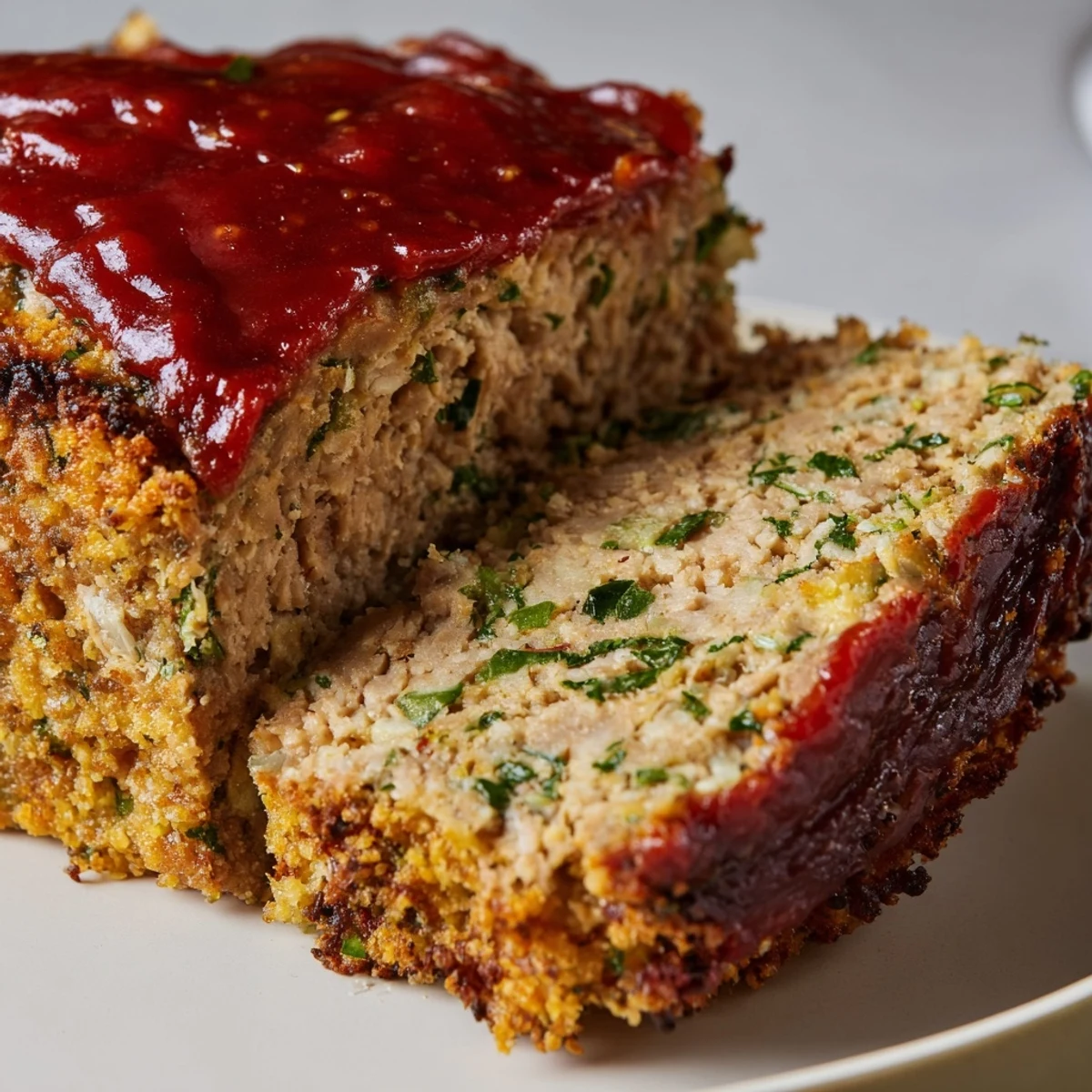Golden brown Parmesan crusted turkey meatloaf sliced on a wooden cutting board with fresh parsley garnish