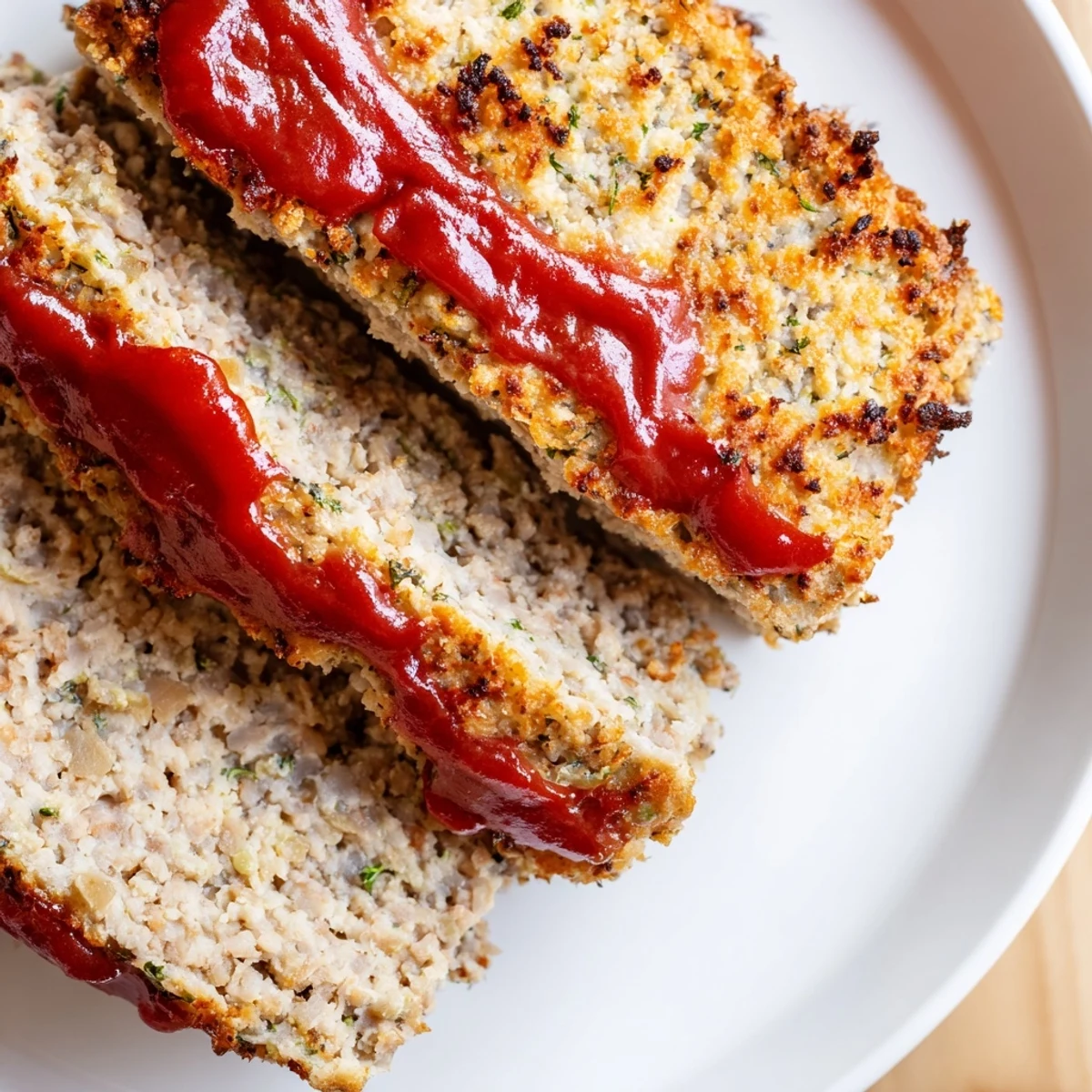 Bubbling ketchup topped turkey meatloaf featuring crispy Parmesan breadcrumb crust baked to golden perfection