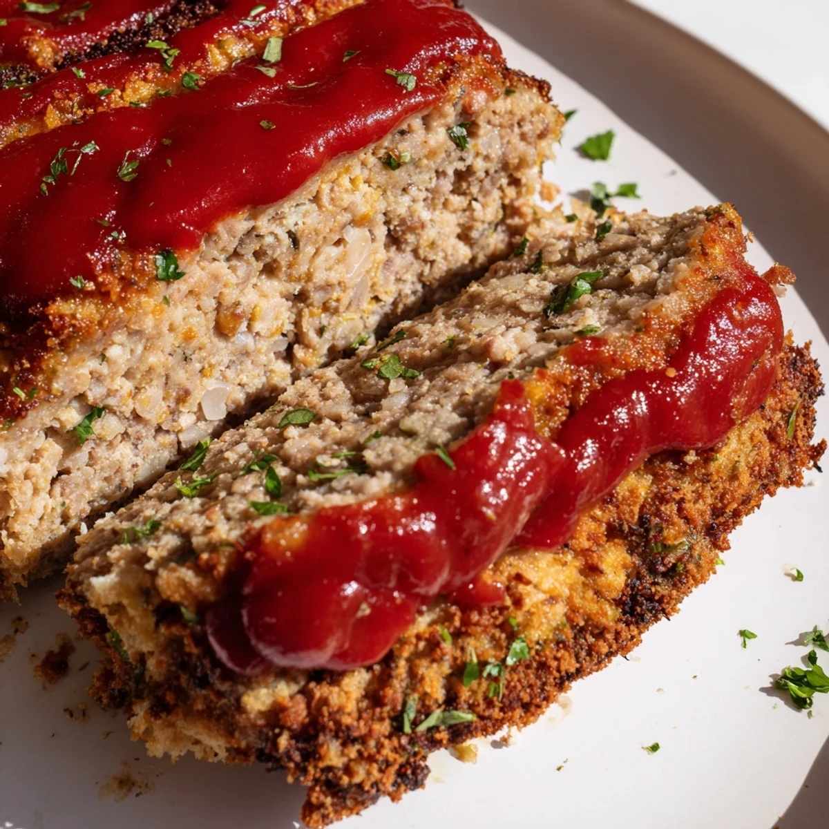 Savory Parmesan crusted turkey meatloaf resting on a white plate alongside roasted vegetables