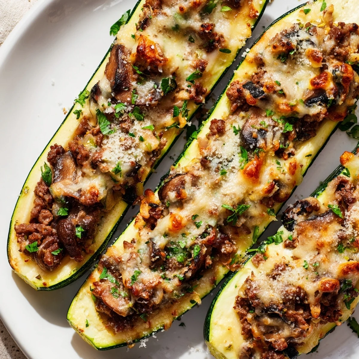 Savory zucchini boats filled with seasoned beef tenderloin and mushrooms garnished with fresh parsley and Parmesan