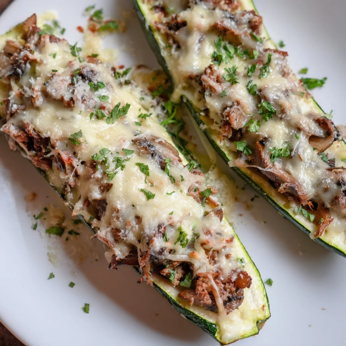 Golden beef tenderloin mushroom stuffed zucchini boats fresh from the oven with melted mozzarella cheese topping