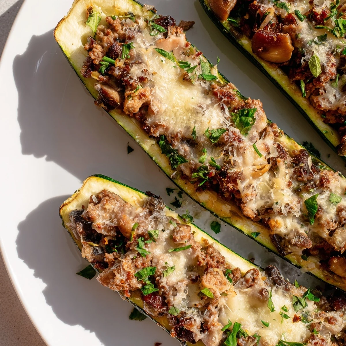 Baked zucchini halves overflowing with tender beef mushroom mixture and bubbling Gruyère cheese on a baking sheet