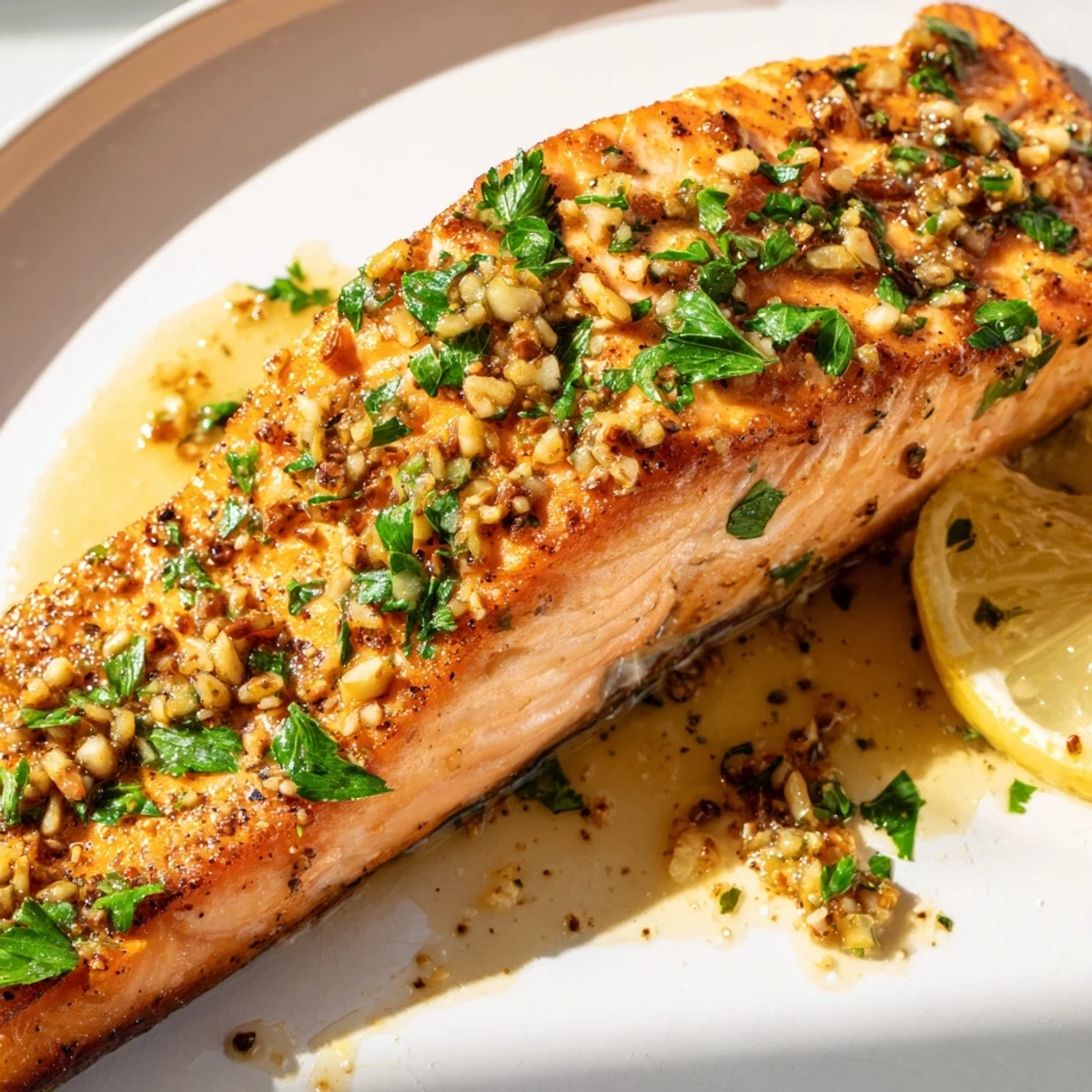 Golden pan seared salmon fillets with crispy skin topped with glossy garlic butter sauce
