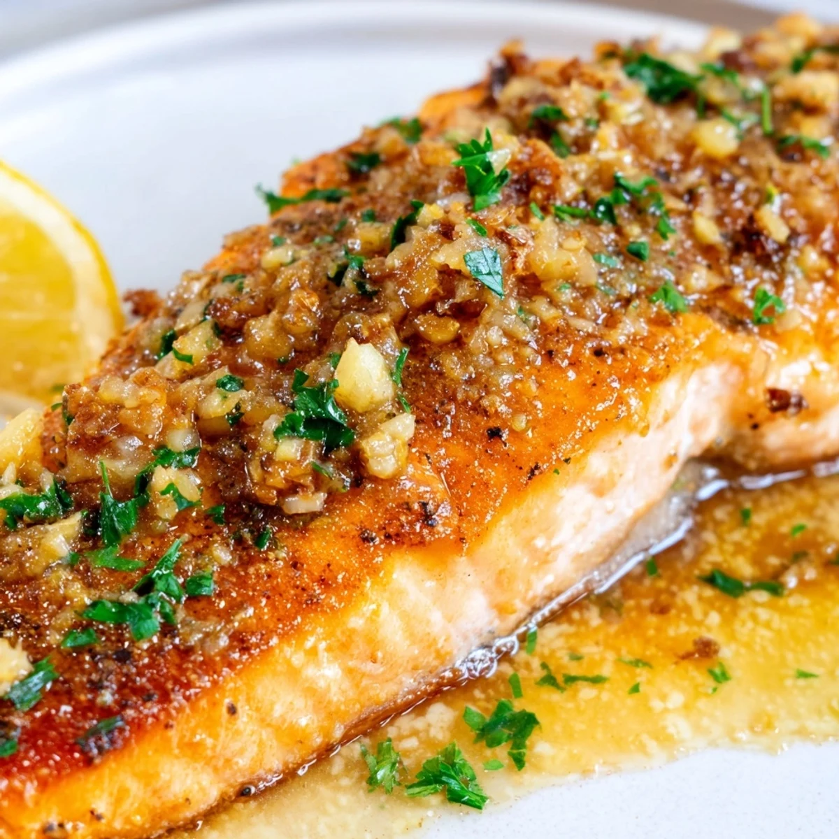 Restaurant-worthy pan seared salmon drizzled with melted garlic butter and fresh green parsley garnish