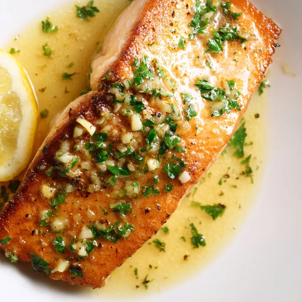 Perfectly cooked pan seared salmon with golden brown crust served in savory lemon garlic butter