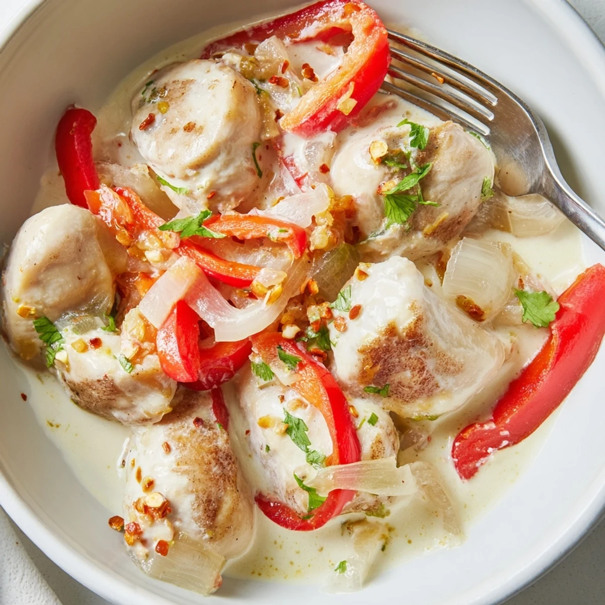 Tender chicken breast pieces in rich Brazilian coconut sauce with lime wedges and fresh herbs on a rustic wooden table