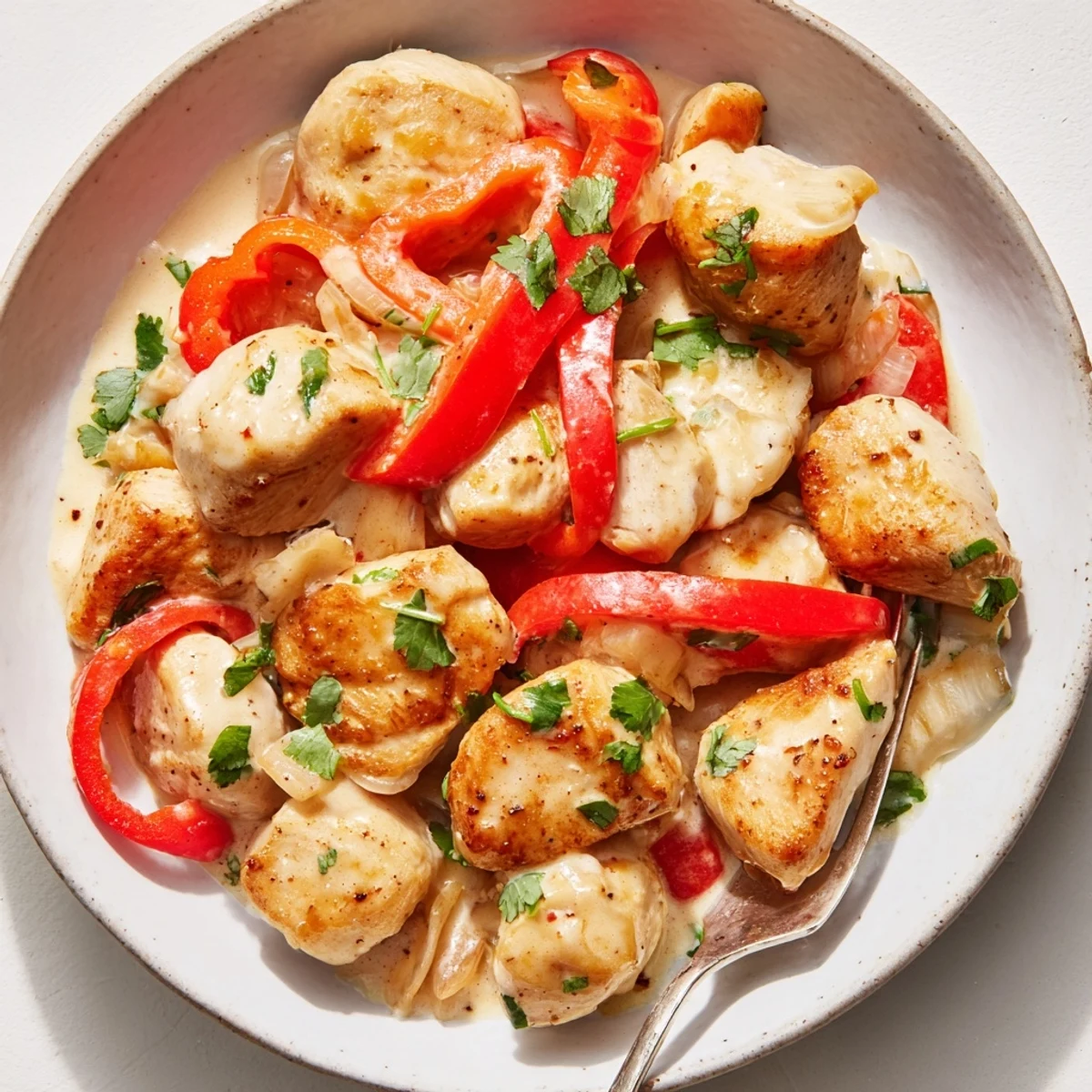Creamy coconut milk chicken served over white rice with vibrant red pepper slices and green cilantro sprinkles on top