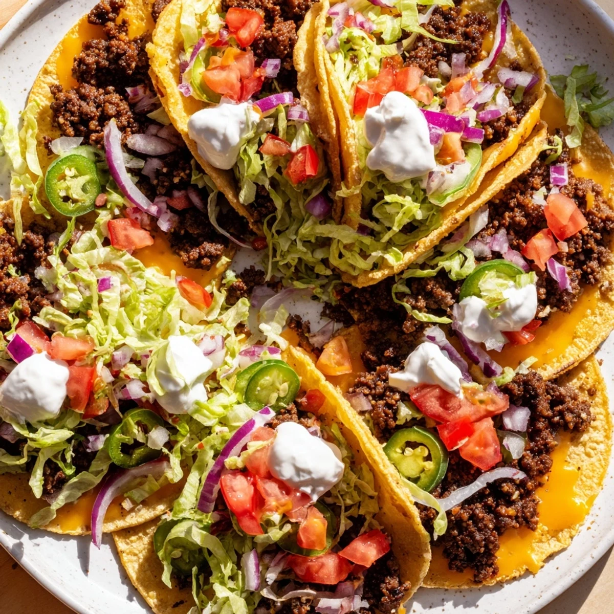 Golden crispy beef smash tacos with melted cheddar and Monterey Jack cheese on a griddle