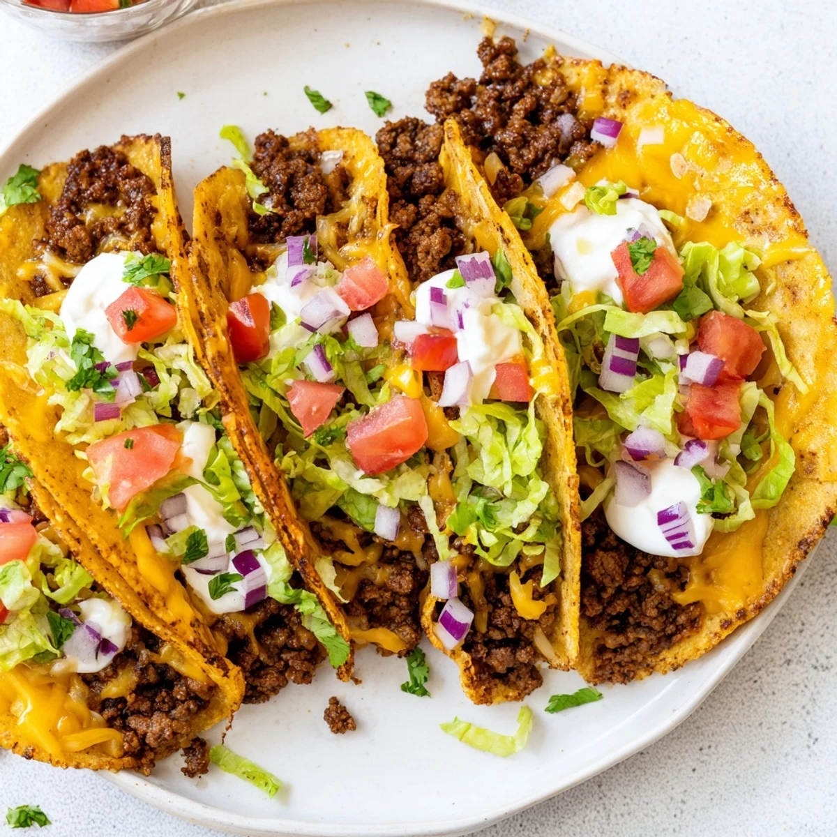 Juicy seasoned beef patties smashed onto tortillas with bubbling cheese and colorful toppings