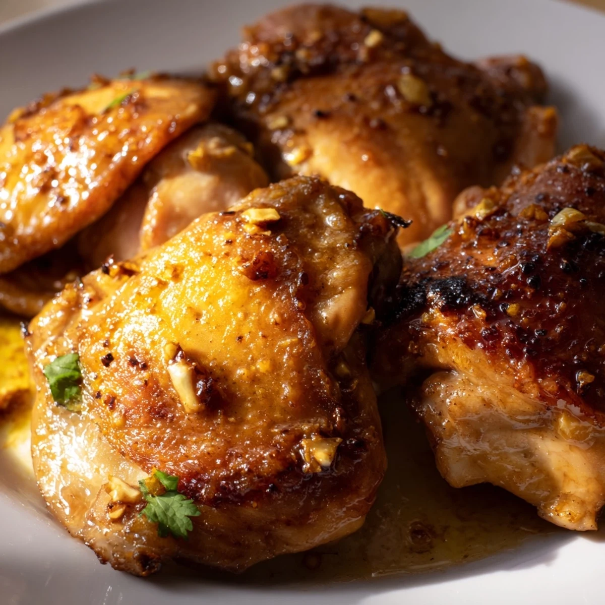 Golden roasted Cuban Mojo Chicken thighs garnished with fresh cilantro and lime wedges on a white plate