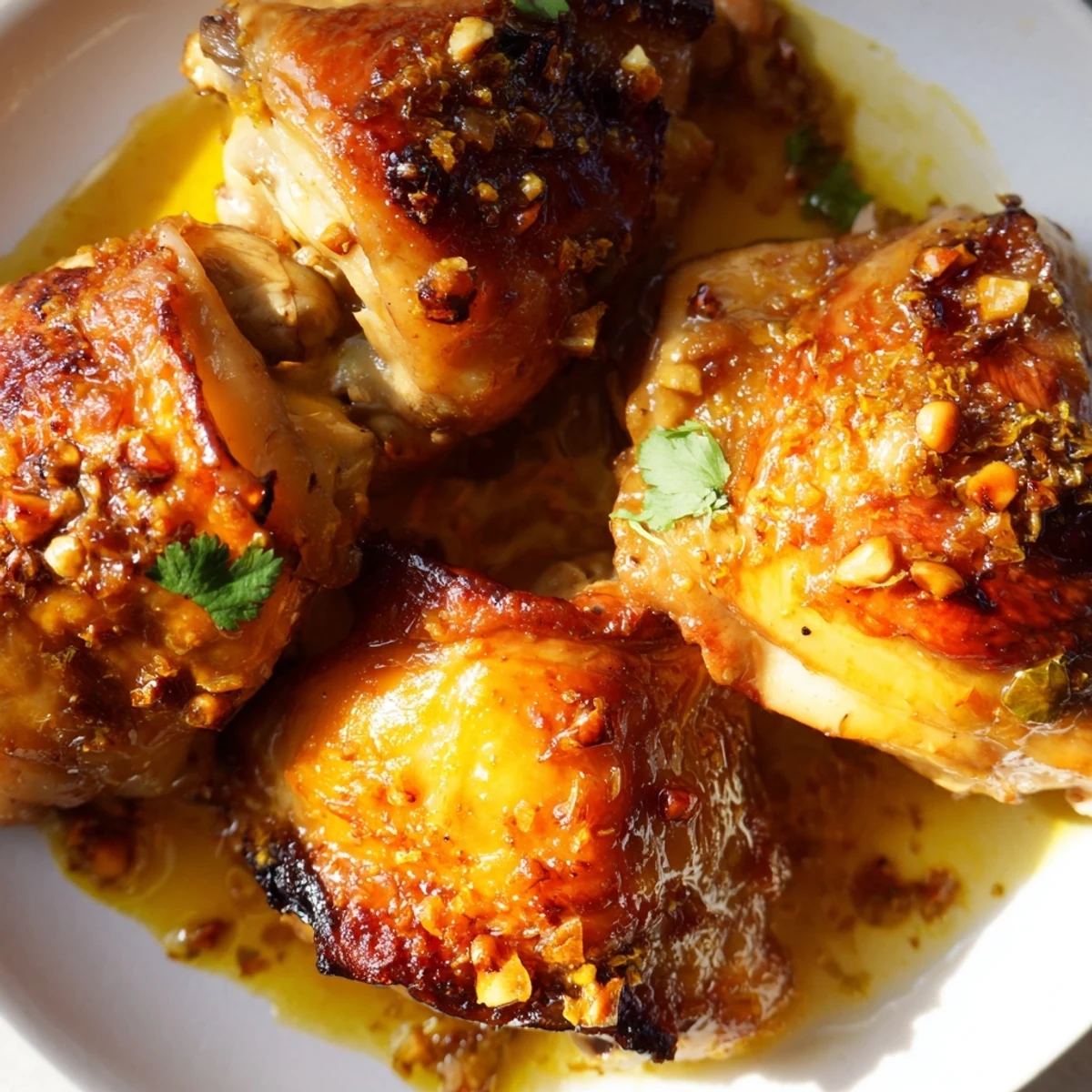 Juicy Cuban Mojo Chicken thighs sizzling in a roasting pan with crispy golden skin and citrus marinade