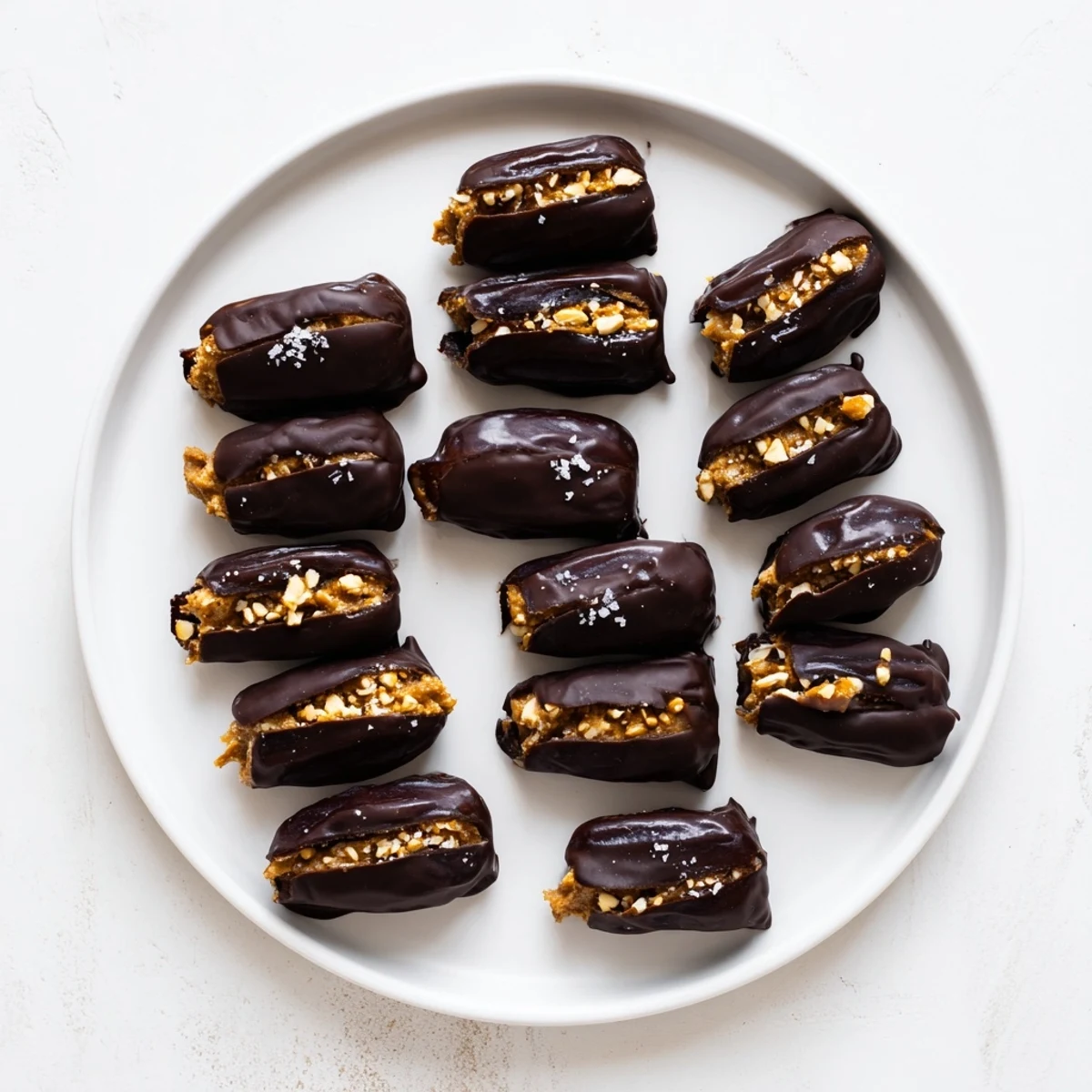 Homemade stuffed date Snickers featuring creamy peanut butter and roasted peanuts coated in rich dark chocolate