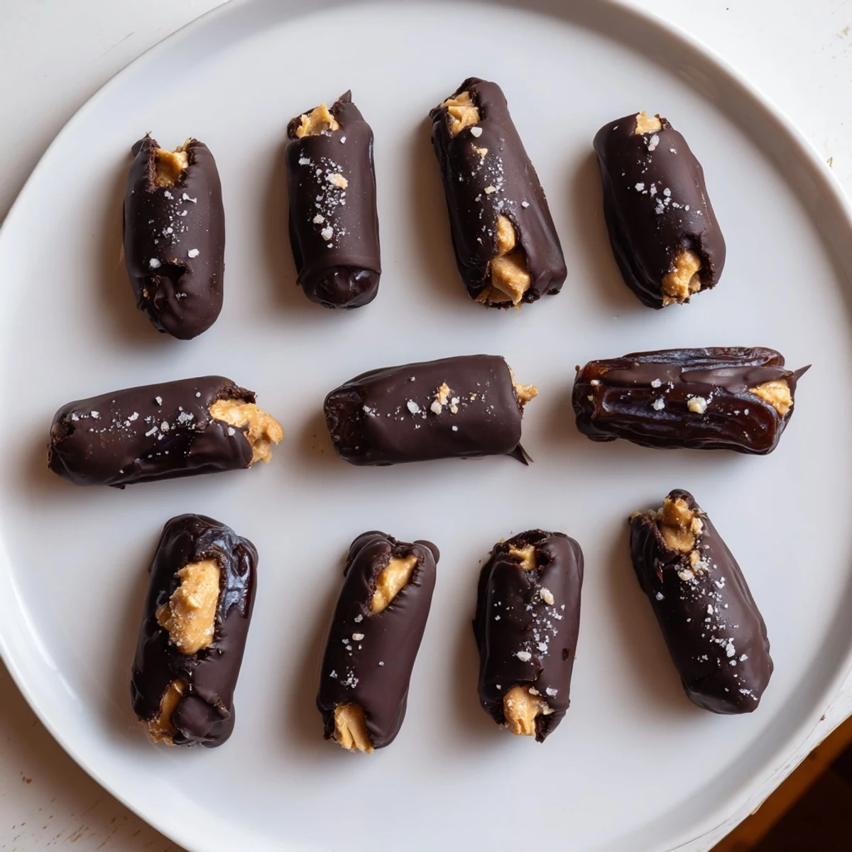 Decadent date Snickers candy bars with crunchy peanut filling and silky chocolate topping sprinkled with sea salt