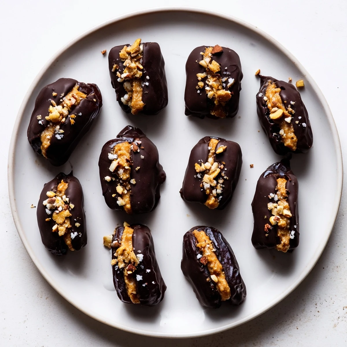 Bite-sized chocolate covered stuffed date Snickers arranged on parchment paper with golden peanuts and glossy dark chocolate coating