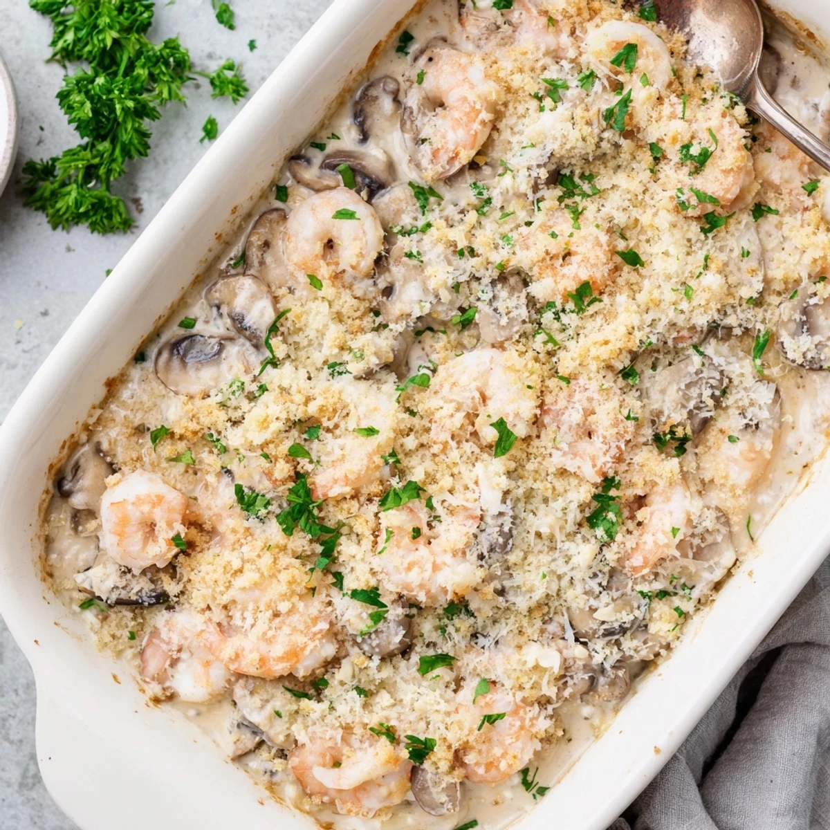 Golden shrimp mushroom casserole with creamy sauce and crispy panko topping fresh from the oven