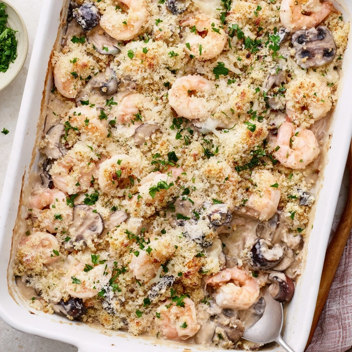 Bubbling shrimp mushroom casserole sprinkled with buttery parmesan panko crust perfect for family dinner