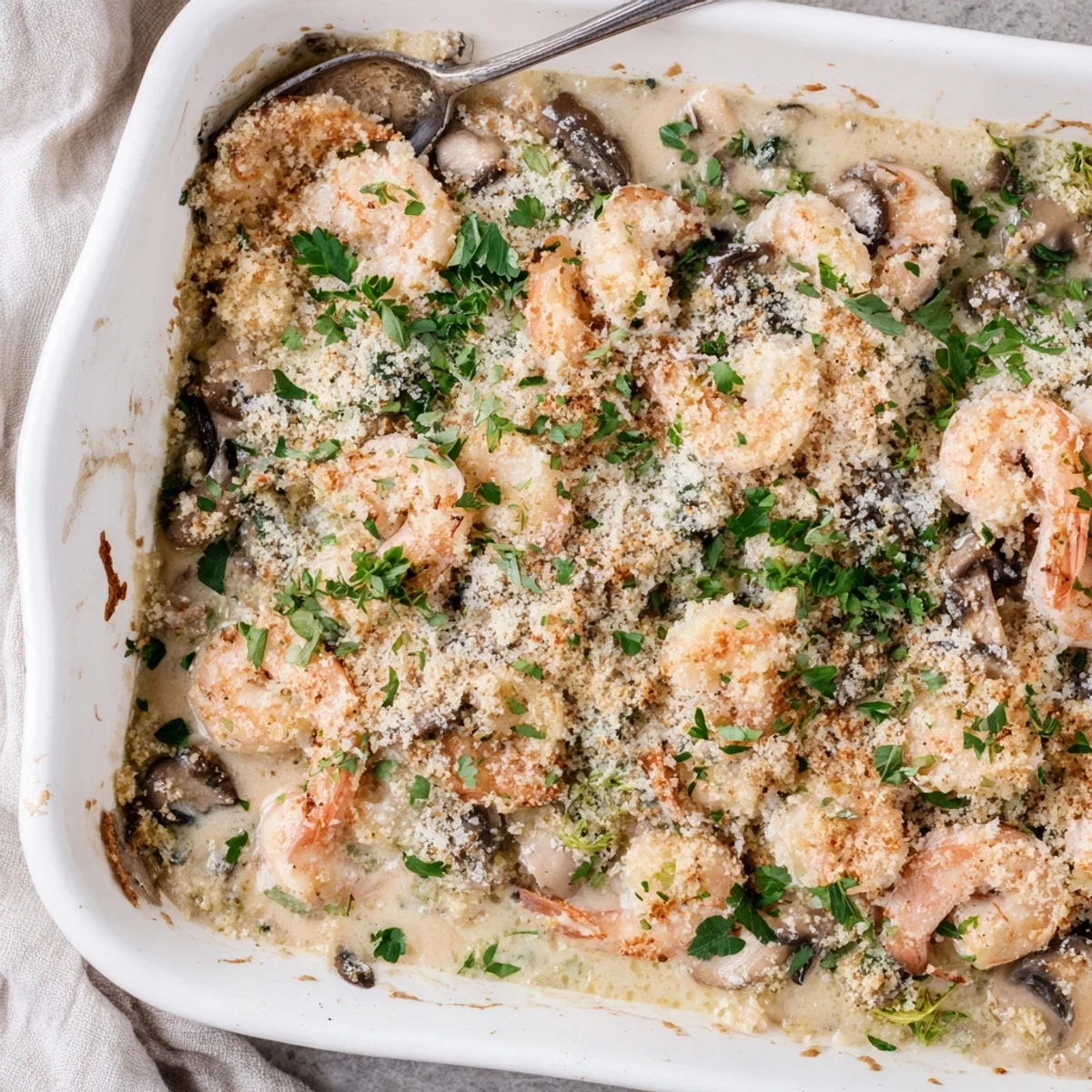 Creamy baked shrimp mushroom casserole featuring tender seafood and earthy mushrooms in a rich sauce