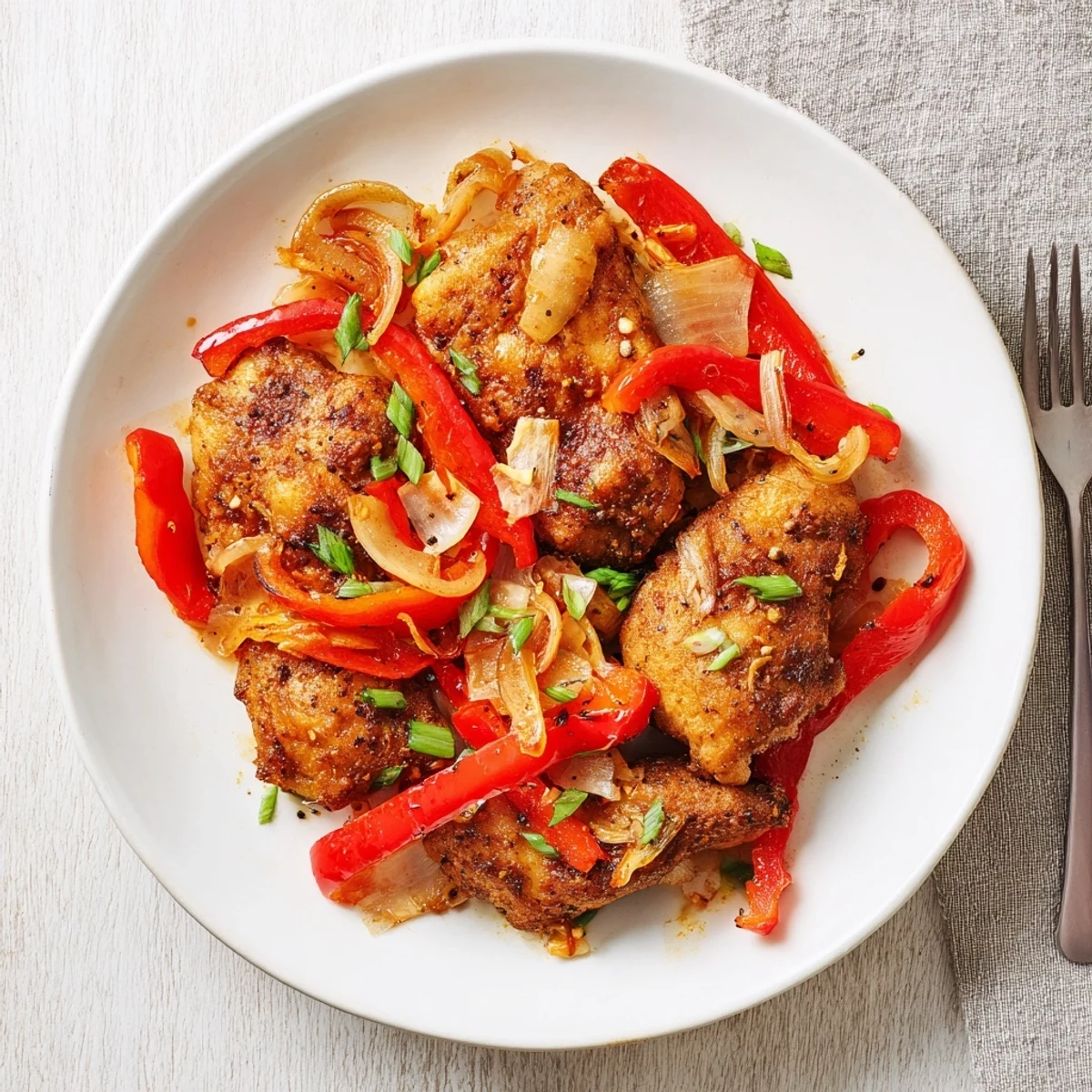 Golden crispy pepper chicken pieces tossed with colorful bell peppers and freshly cracked black pepper
