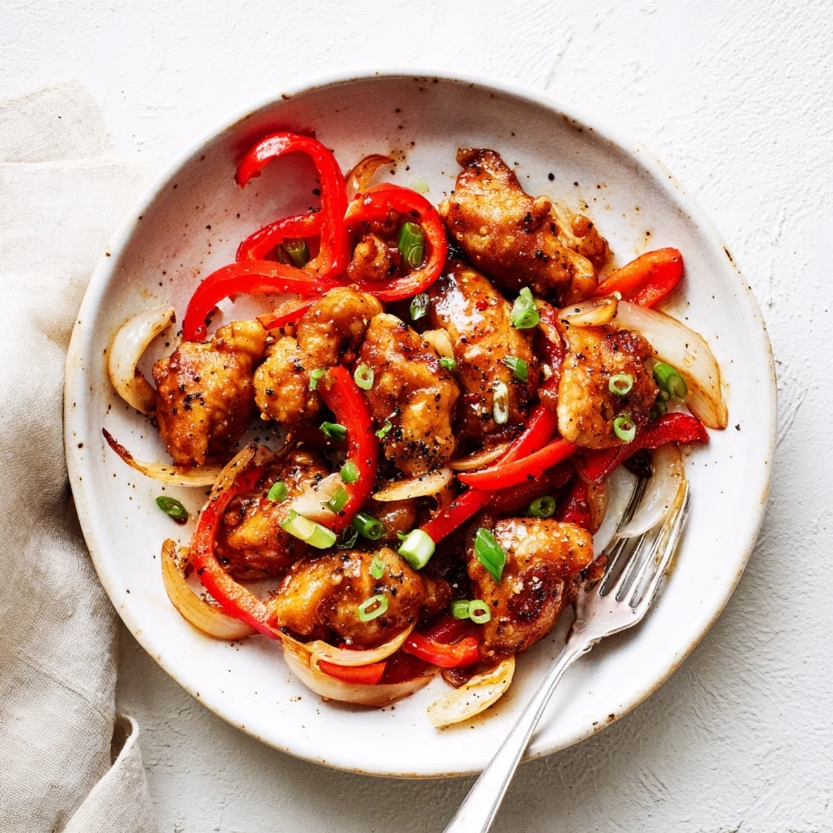 Asian-inspired crispy pepper chicken with vegetables plated over steamed white rice for a hearty dinner
