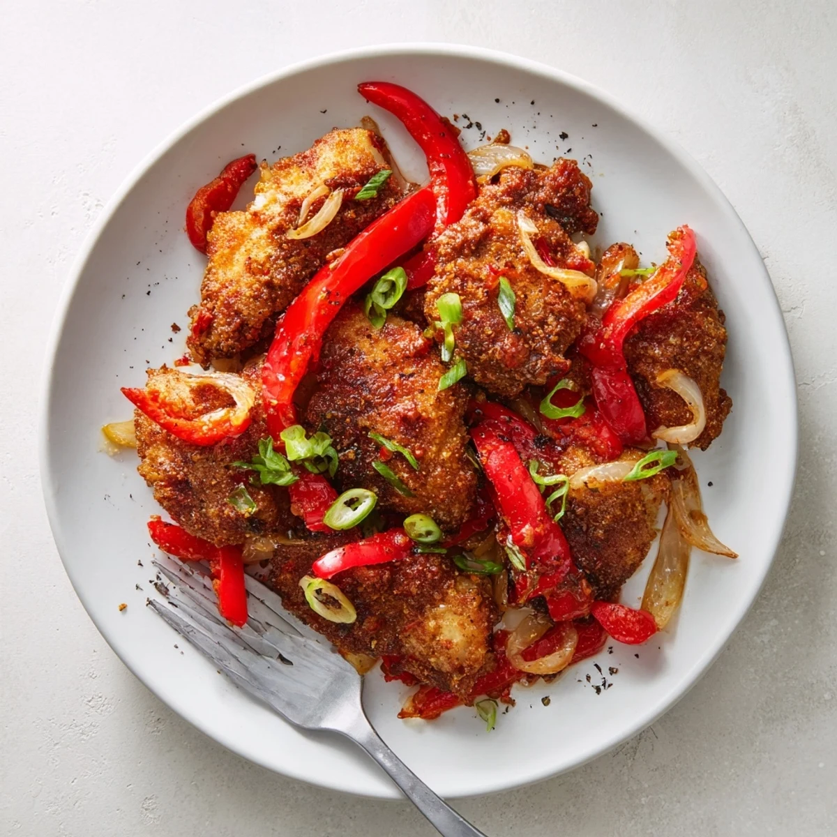 Juicy fried chicken coated in crunchy cornstarch served with savory pepper sauce and green onions