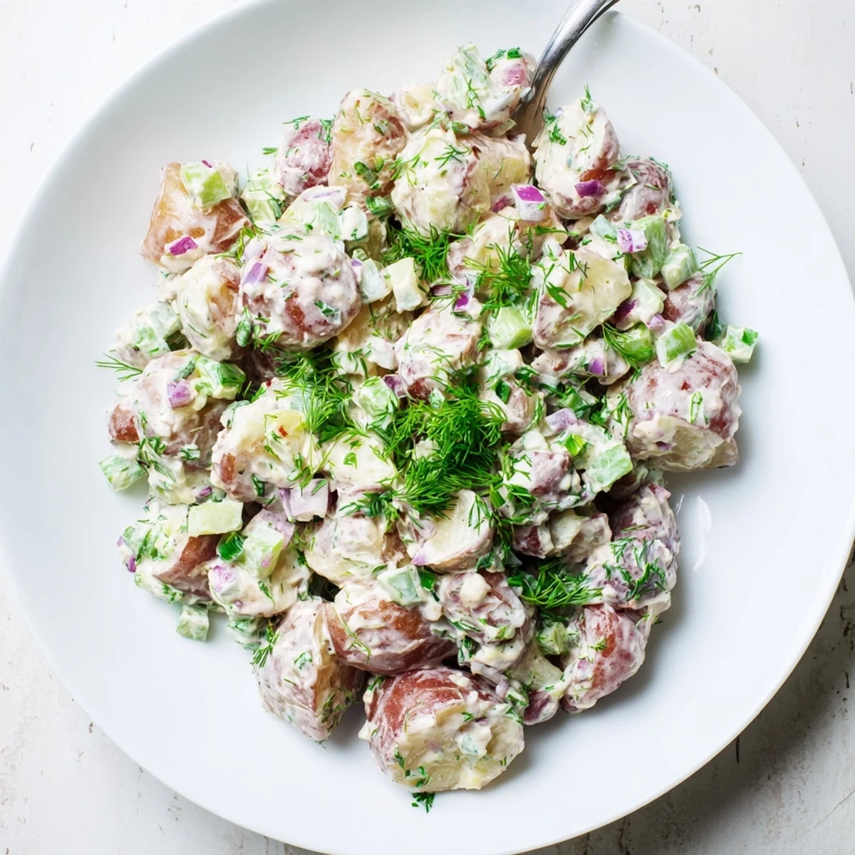 Creamy red potato salad with tender cubes, crisp celery, and fresh herbs in a bowl