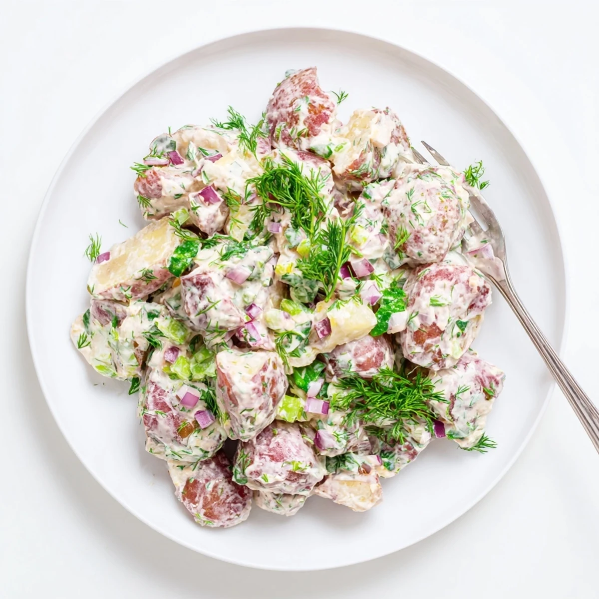 Vibrant red potato salad featuring fluffy potatoes, crunchy vegetables, and tangy creamy dressing