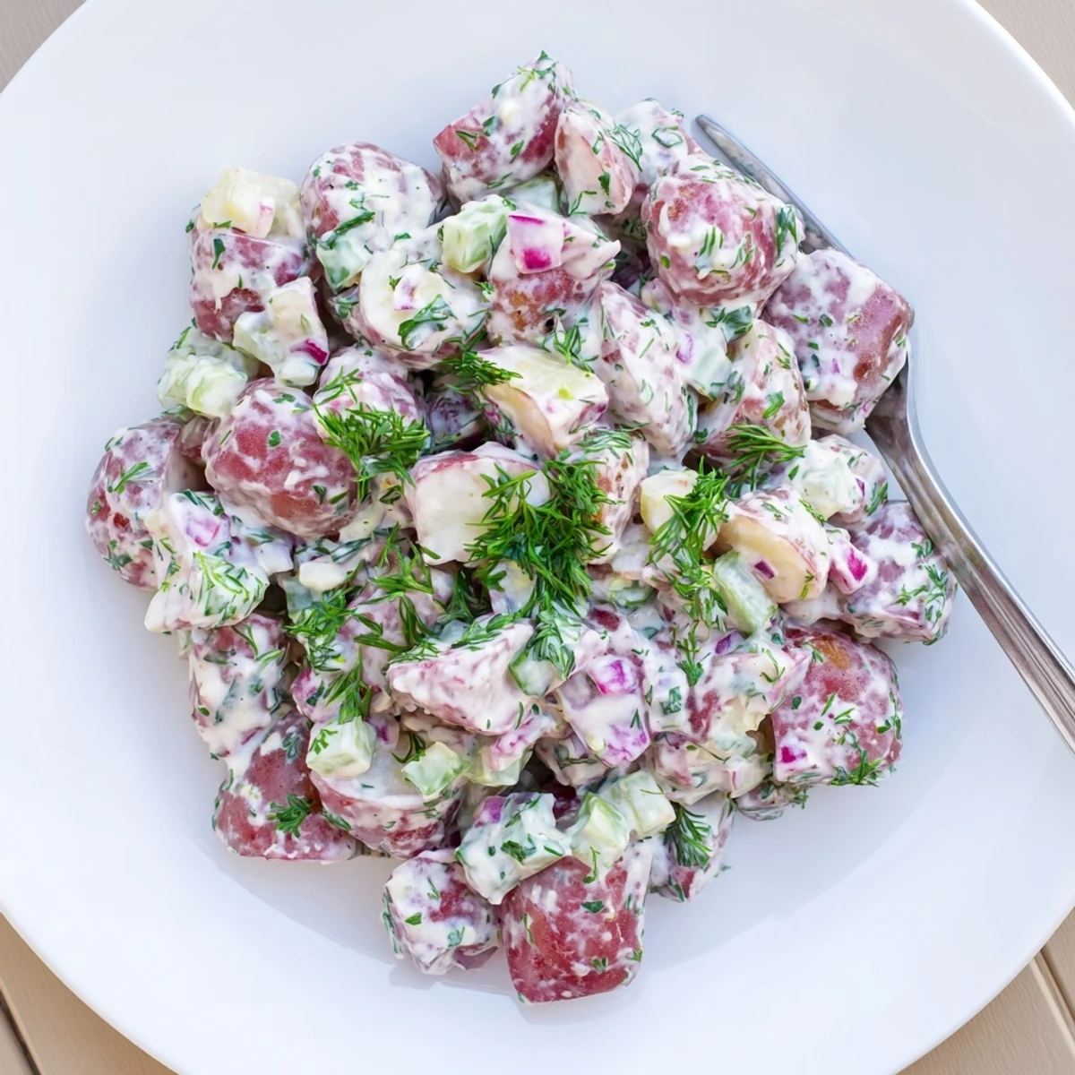 Classic American red potato salad topped with green parsley and dill on a white platter