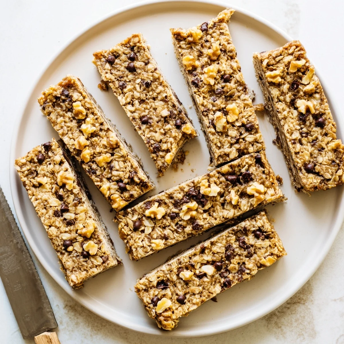 Golden banana oat bars studded with chocolate chips and chopped walnuts, freshly baked to perfection