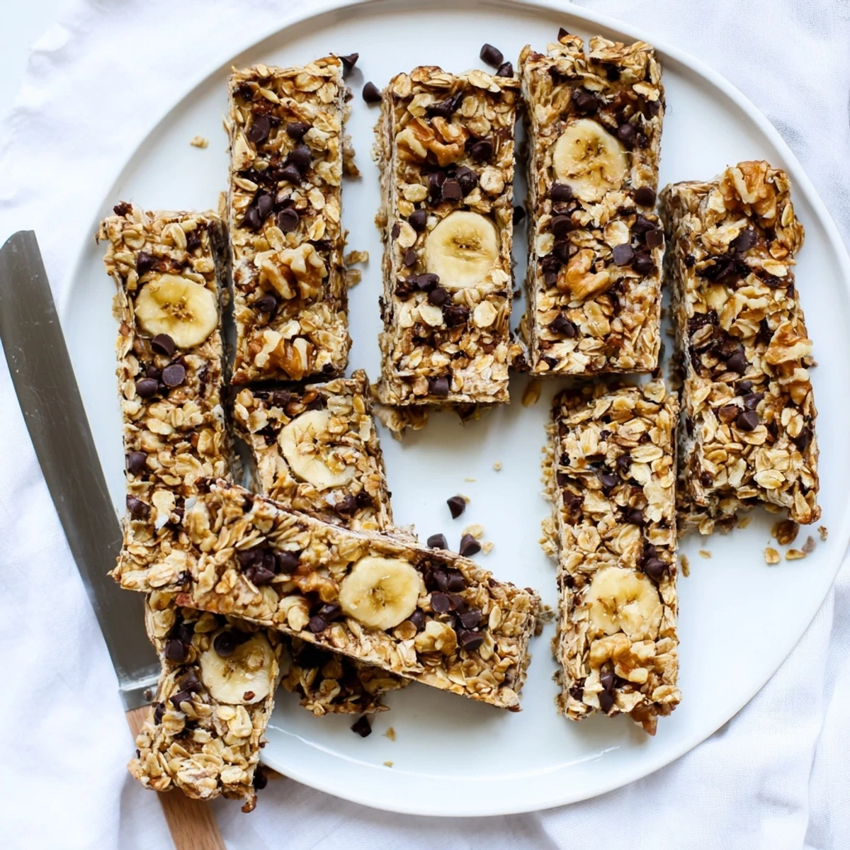 Homemade banana oat bars with golden edges and soft center, topped with optional nuts and chocolate
