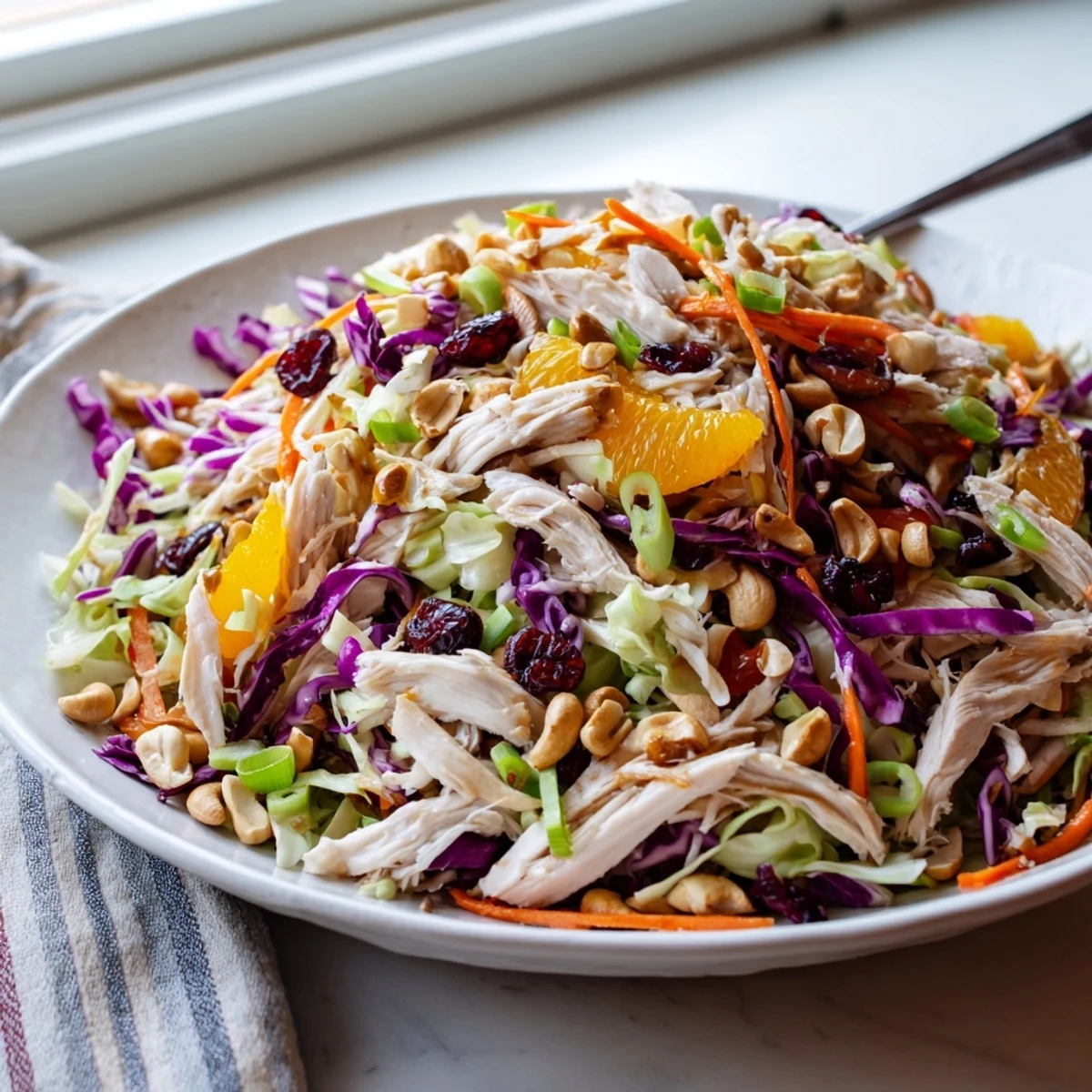 Vibrant salad bowl featuring tender chicken, crunchy vegetables, dried cranberries, and mandarin oranges with Asian-inspired dressing