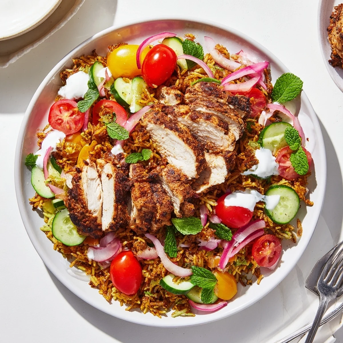 Golden chicken shawarma slices rest over crispy rice with colorful vegetables and creamy yogurt dressing