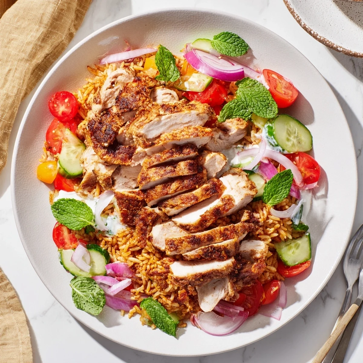 Vibrant salad bowl featuring spiced chicken shawarma atop golden crispy rice with fresh herbs and tangy drizzle