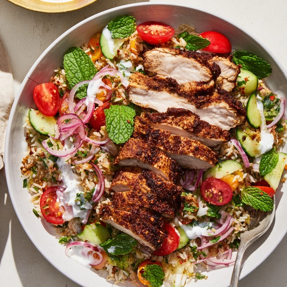Middle Eastern fusion dish displaying marinated chicken shawarma, crunchy rice crumbles, and chopped vegetables in zesty sauce