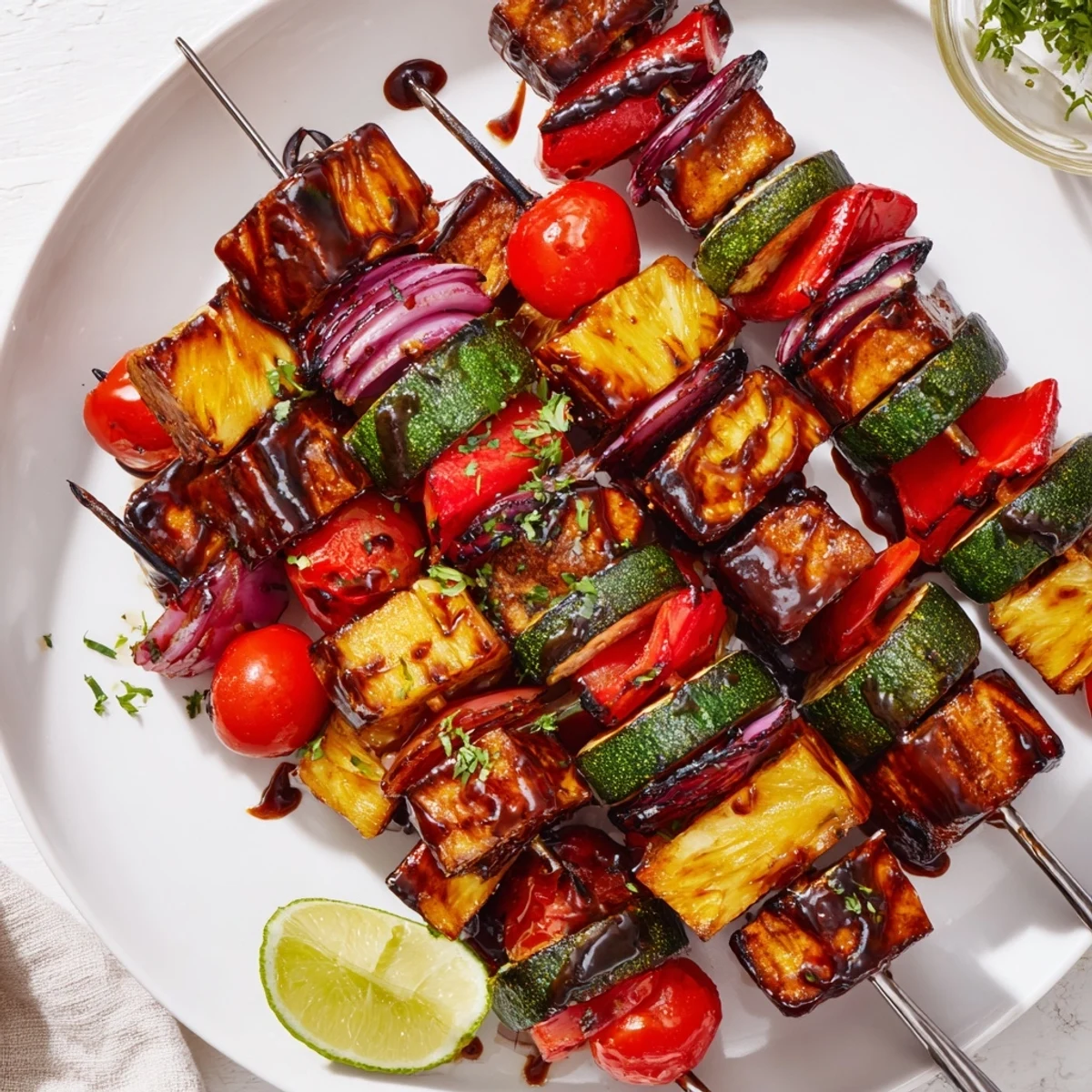 Pineapple Vegetable Skewers sizzling on grill with charred edges, juicy pineapple.