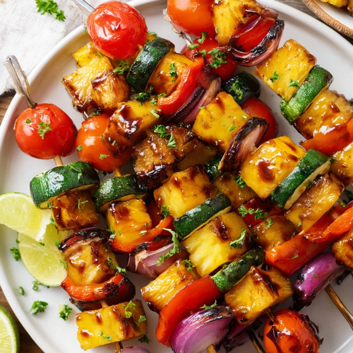 Charred Pineapple Vegetable Skewers threaded with colorful bell peppers and zucchini.
