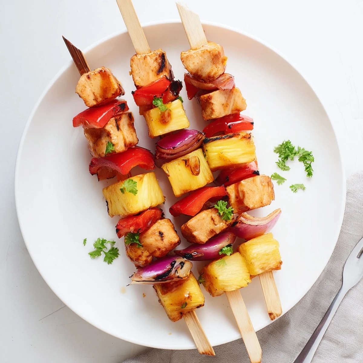 Caramelized pineapple and charred chicken on Pineapple Chicken Kabobs, juicy aroma.